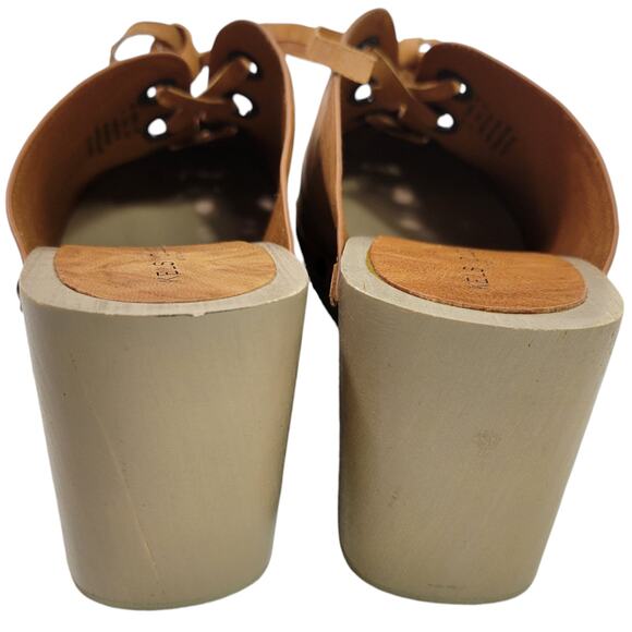 Kelsi Dagger Clogs Tan Leather Lace Up Wedge Wood Heel Mule Slip On Retro Size 9 - Picture 15 of 15